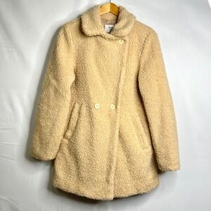 Teddy Faux Fur Coat Womens M Tan Beige Camel Sherpa Button Up Cozy Winter Jacket